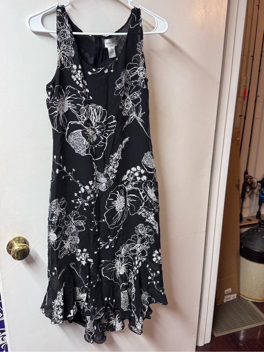 Chico's Black Floral Midi Dress with White Print
